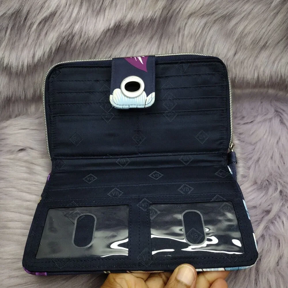 Vera Bradley RFID Turnlock & Zip Wallet - Mayfair in Bloom Navy Blue Twill - Picture 3 of 7